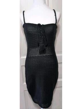 Miou Muse Bodycon Crochet Mini Dress Black Goth Festival Women's L(1344)
